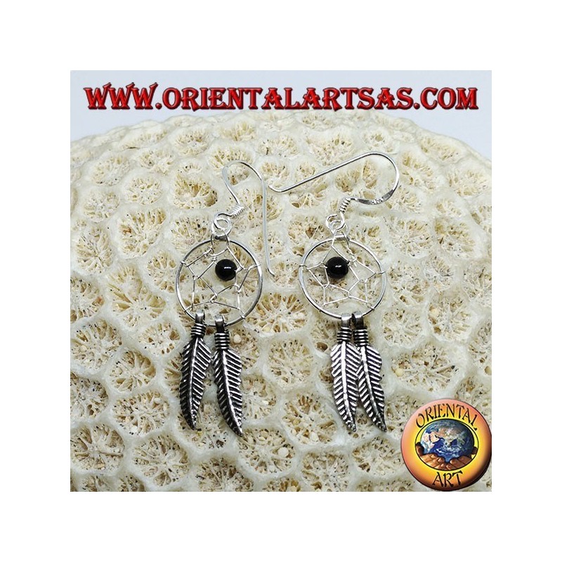 Boucles d'oreilles en argent avec petit capteur de rêves avec boule en onyx