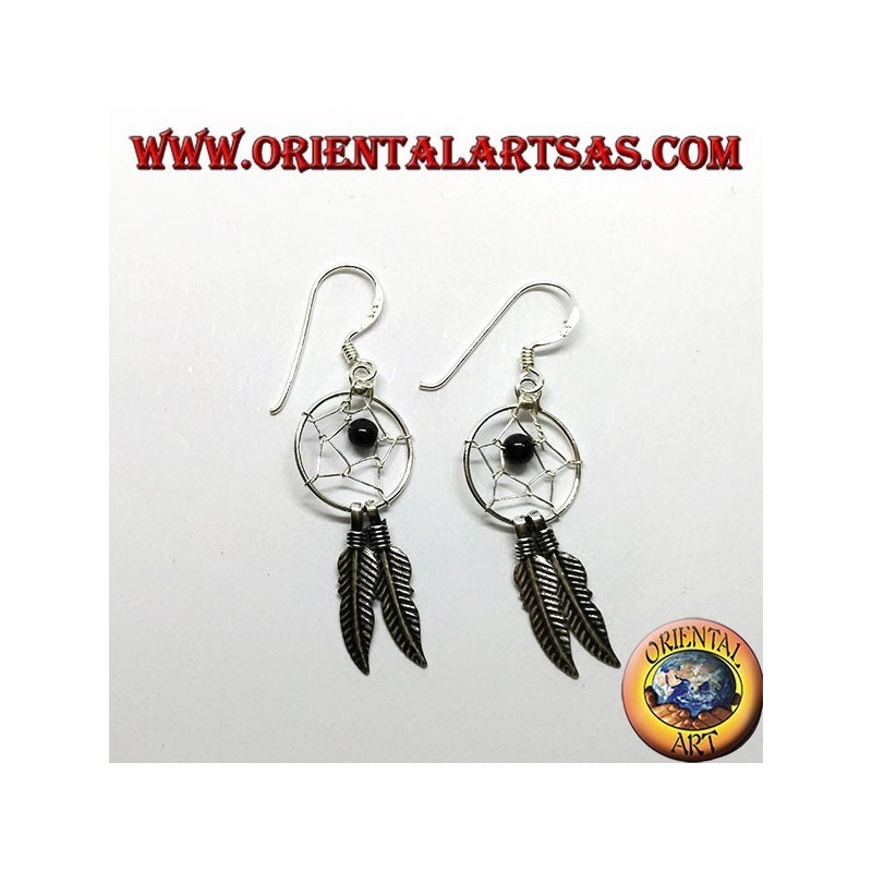 Silver earrings with little dream catcher with onyx ball