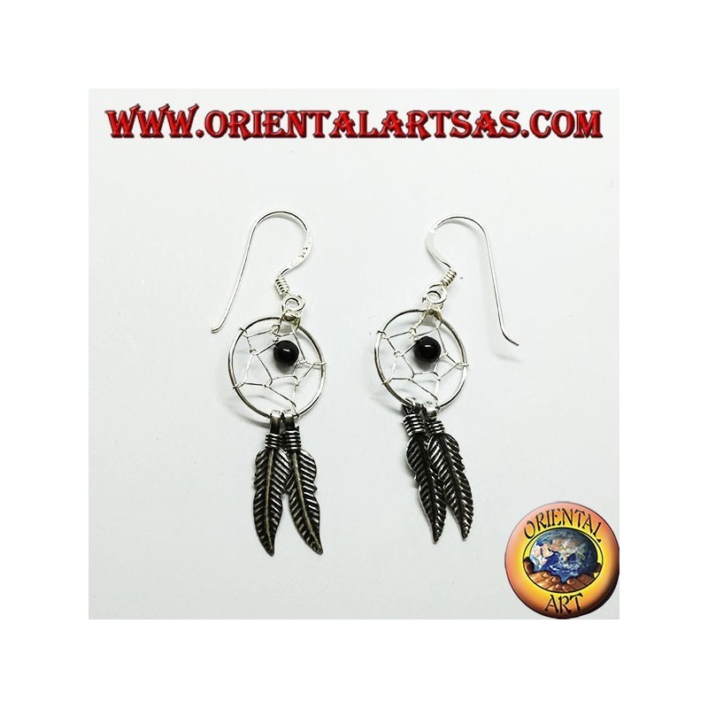Silver earrings with little dream catcher with onyx ball
