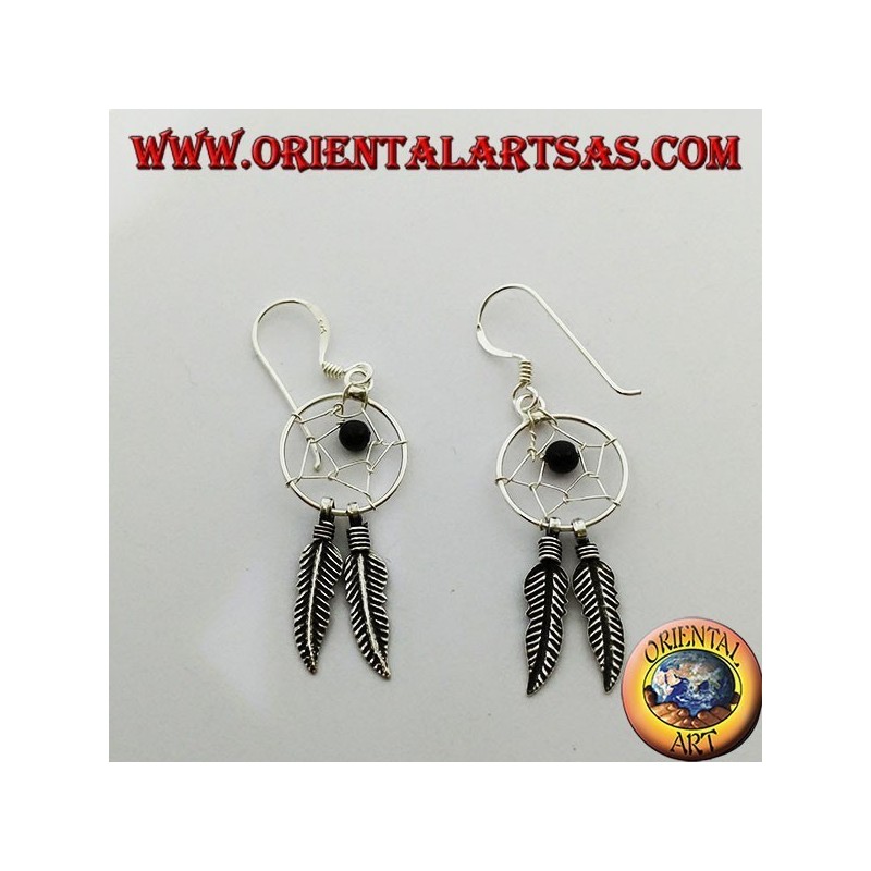 Boucles d'oreilles en argent avec petit capteur de rêves avec boule en onyx