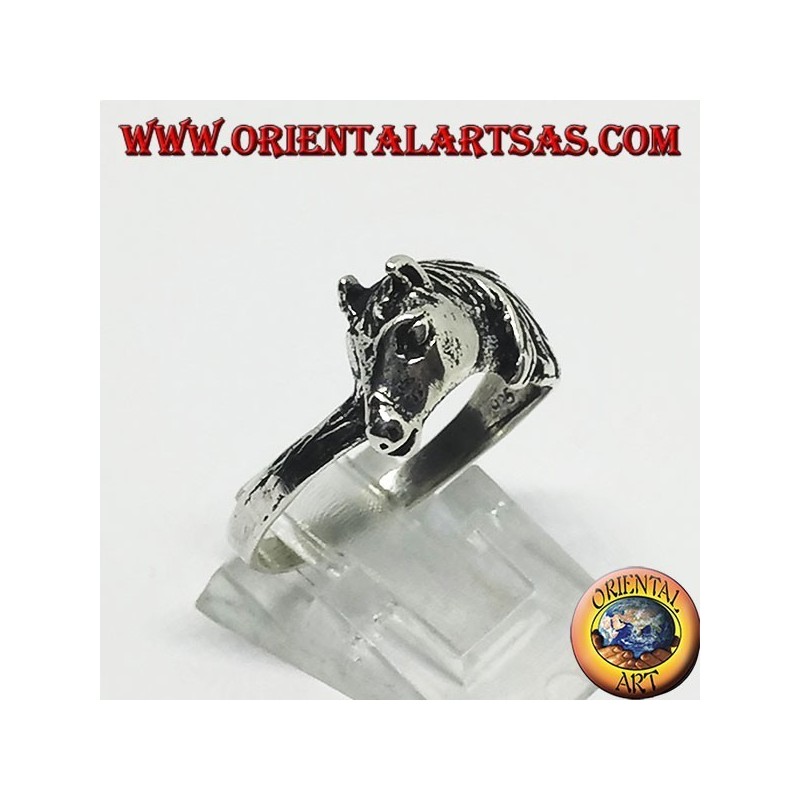 Silver ring of a horse head with a mane