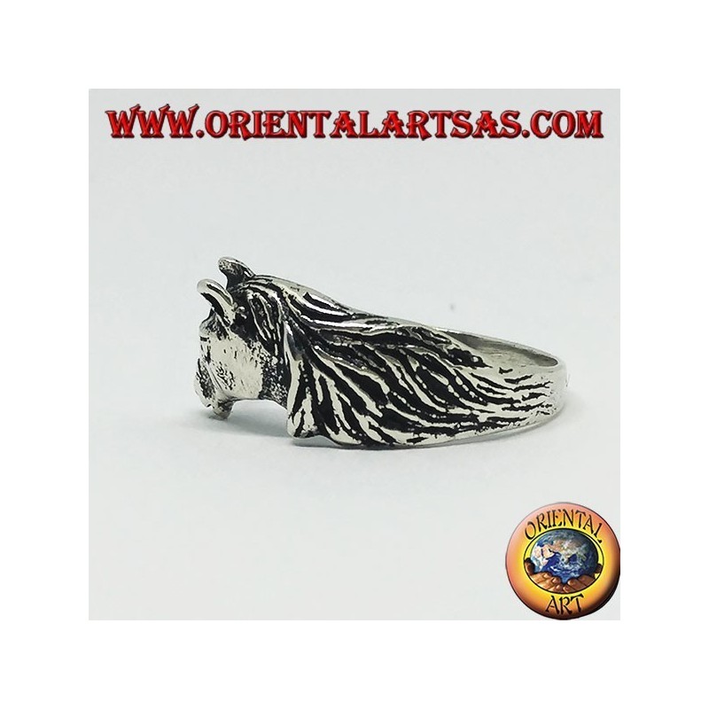 Silver ring of a horse head with a mane