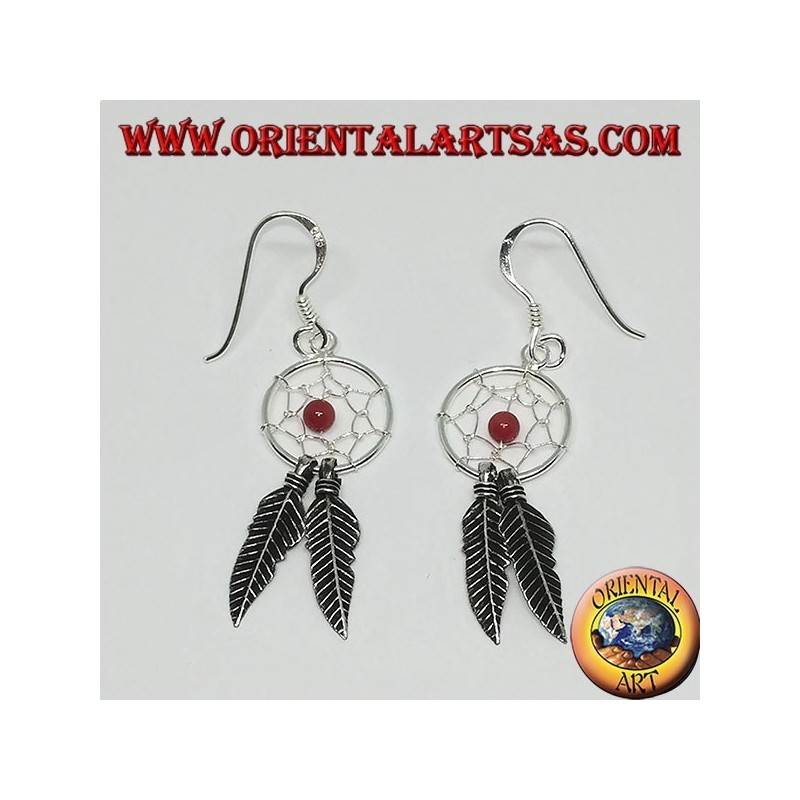 Boucles d'oreilles en argent petit attrape-rêves avec boule de corail rouge