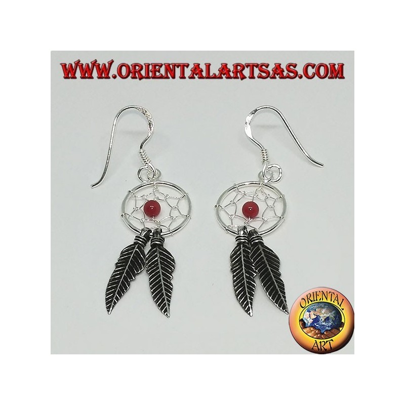 Earrings in silver dreamcatcher small with ball of coral red