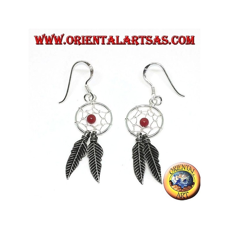 Boucles d'oreilles en argent petit attrape-rêves avec boule de corail rouge