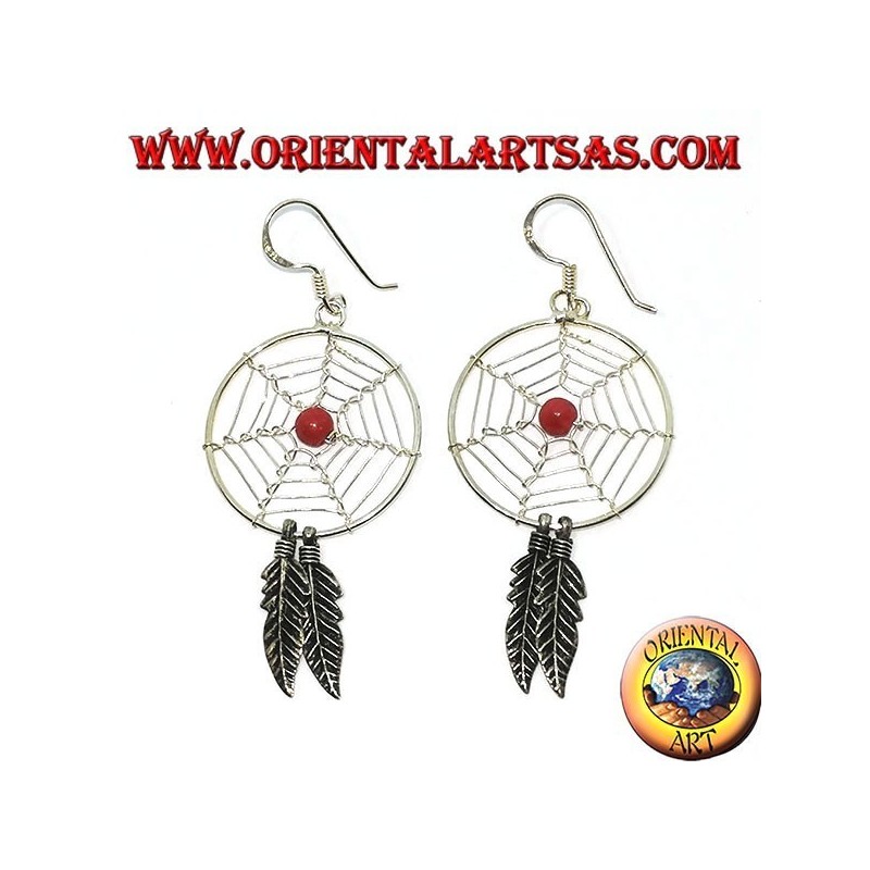 Silver earrings with dream catchers   (large) with a red coral ball