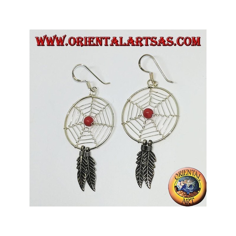 Boucles d'oreilles en argent avec capteurs de rêves   (grand) avec une boule de corail rouge