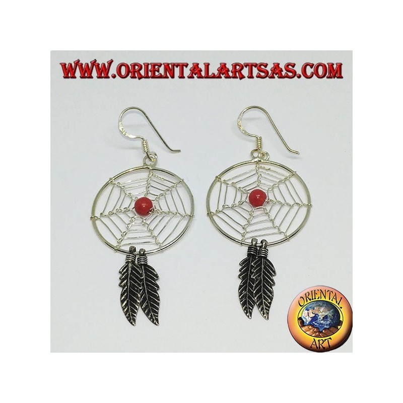 Pendientes de plata con atrapasueños.   (grande) con una bola de coral rojo