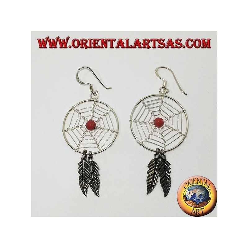 Boucles d'oreilles en argent avec capteurs de rêves   (grand) avec une boule de corail rouge