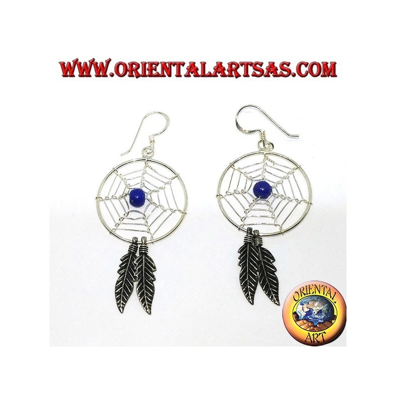 Silver earrings with dream catchers   (large) with lapis lazuli ball