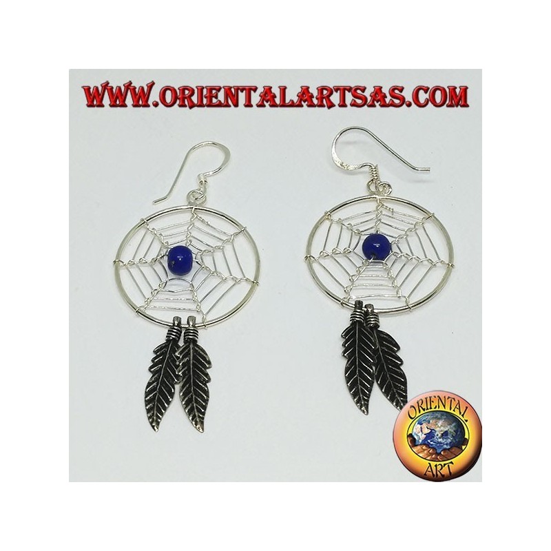 Silver earrings with dream catchers   (large) with lapis lazuli ball