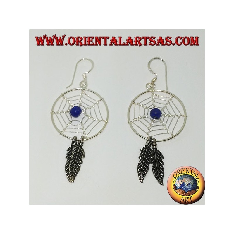 Silver earrings with dream catchers   (large) with lapis lazuli ball