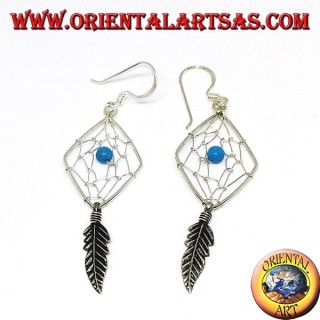 Earrings in silver dreamcatcher shaped like a rhombus with turquoise ball