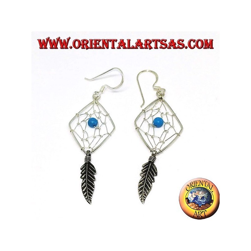 Earrings in silver dreamcatcher shaped like a rhombus with turquoise ball