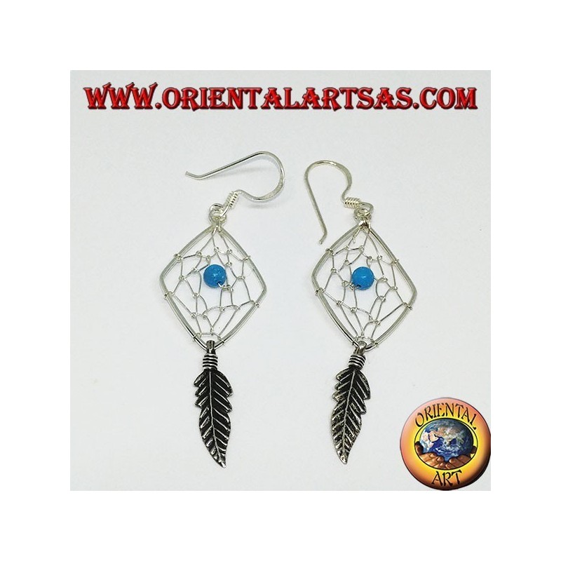 Pendientes en plata atrapasueños en forma de rombo con bola turquesa.