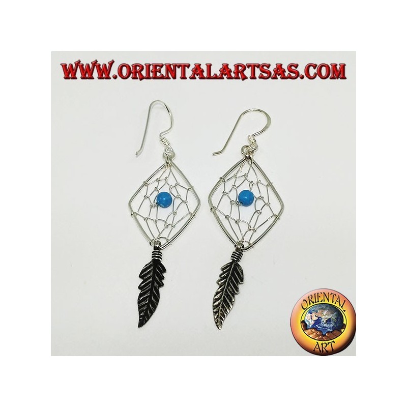 Earrings in silver dreamcatcher shaped like a rhombus with turquoise ball