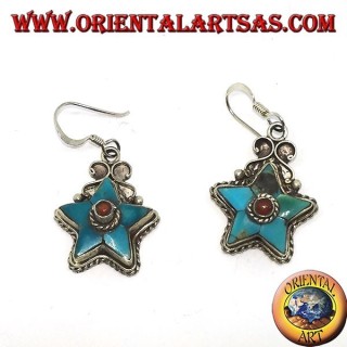 Silver earrings in the shape of a star with antique turquoise and a coral ball (Nepalese)