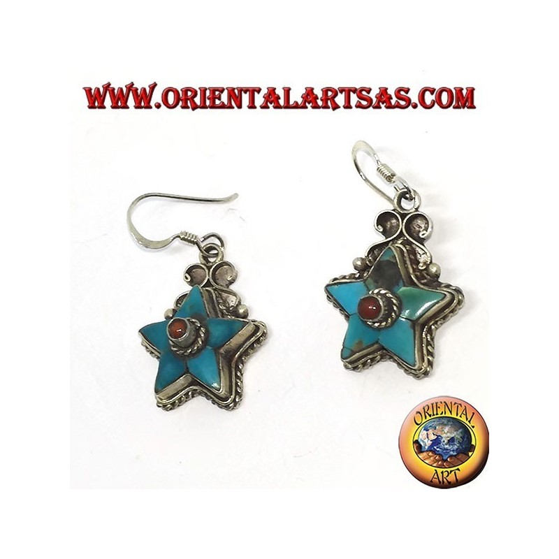 Silver earrings in the shape of a star with antique turquoise and a coral ball (Nepalese)