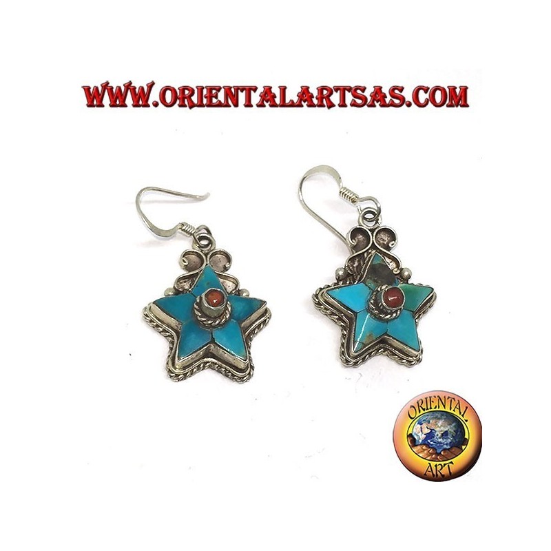 Boucles d'oreilles en argent en forme d'étoile avec turquoise antique et boule de corail (Népalais)