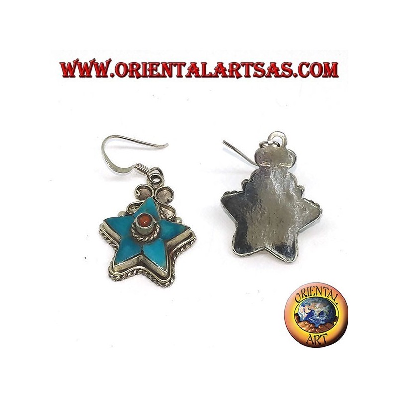 Silver earrings in the shape of a star with antique turquoise and a coral ball (Nepalese)
