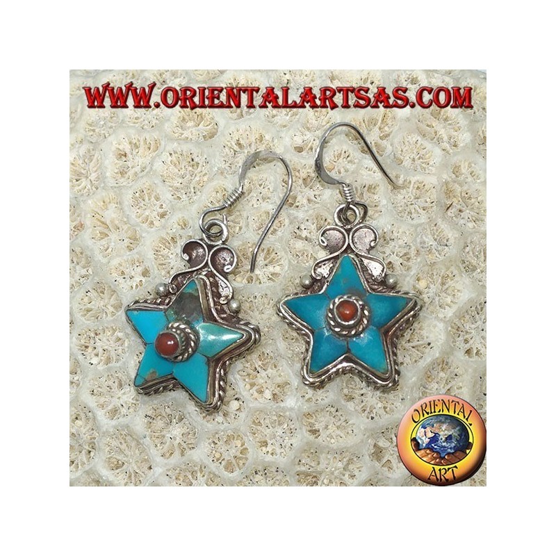 Orecchini in argento a forma di stella con turchese antico e pallina in corallo (Nepalesi)