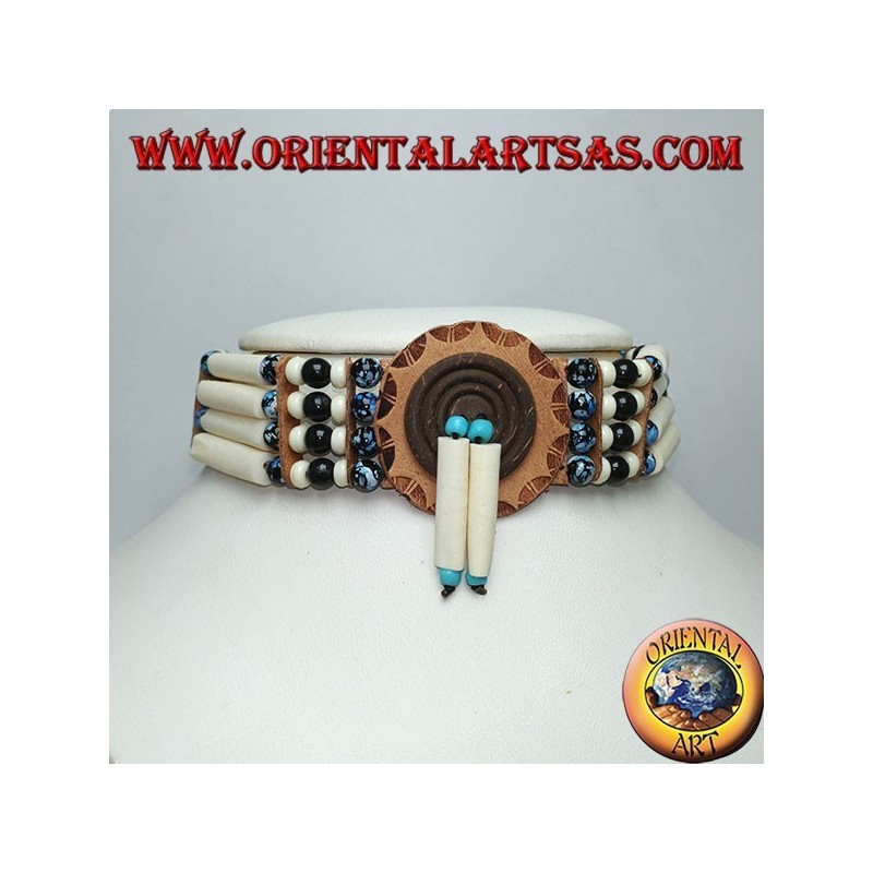 Indianische Choker-Halskette aus Knochen und schwarzen und blauen marmorierten Perlen