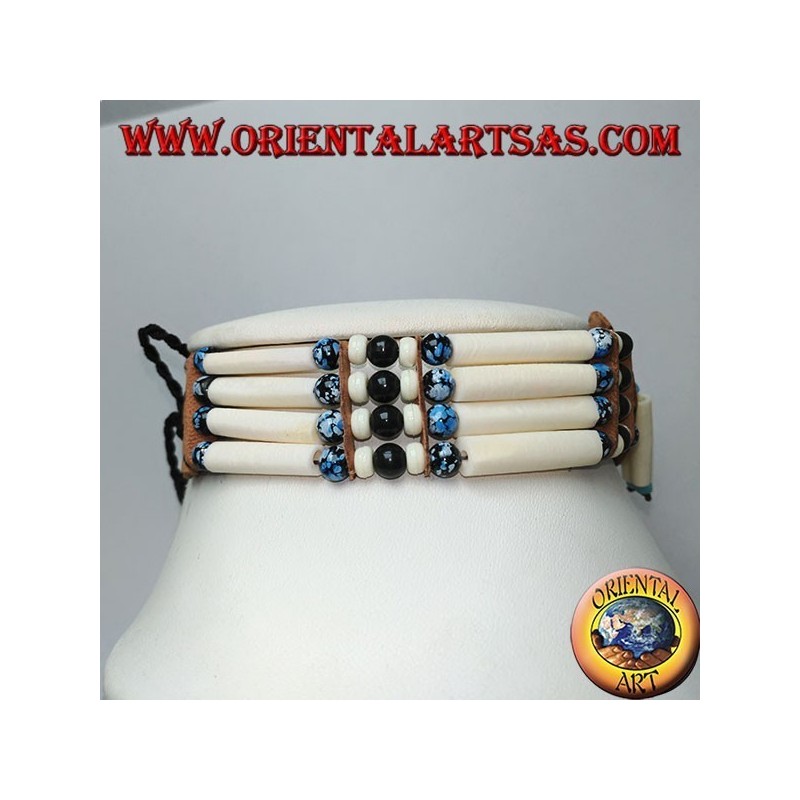 American Indian choker necklace in bone and black and blue marbled beads