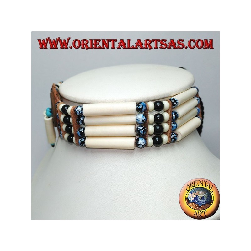 American Indian choker necklace in bone and black and blue marbled beads