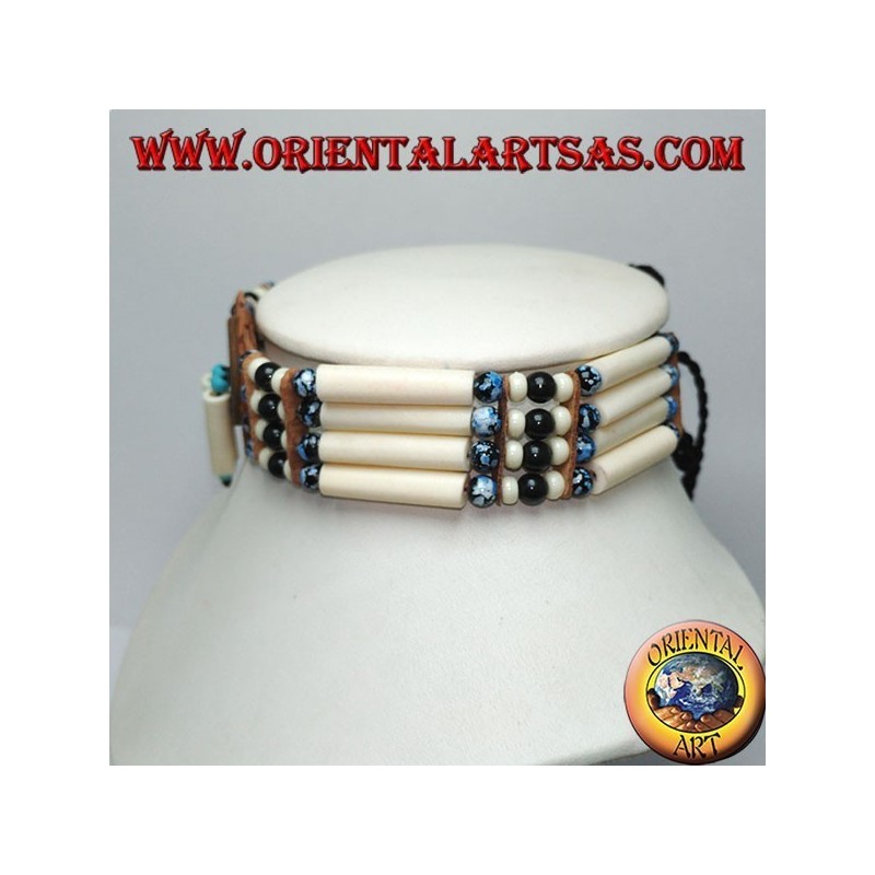 Collana girocollo indiani d'America in osso e perline nere e blu marmorizzate