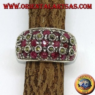 Silver band ring with three rows of seven rubies set between marcasites
