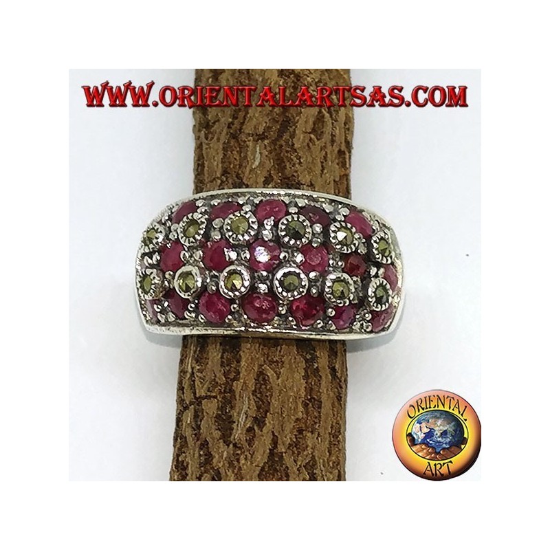 Silver band ring with three rows of seven rubies set between marcasites