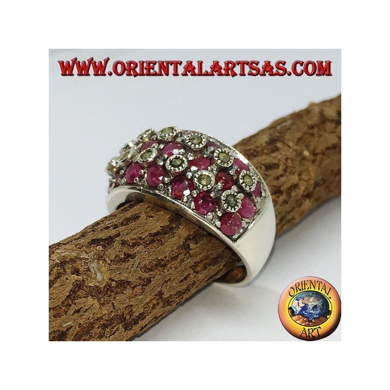 Silver band ring with three rows of seven rubies set between marcasites