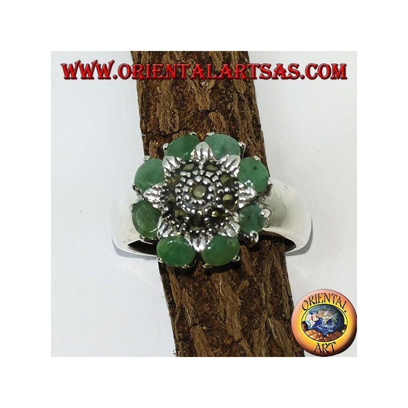 Silver ring with central flower and marcasites surrounded by 8 natural emeralds