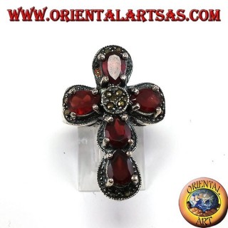 Silver ring in the shape of a cross with 5 natural garnets and marcasites
