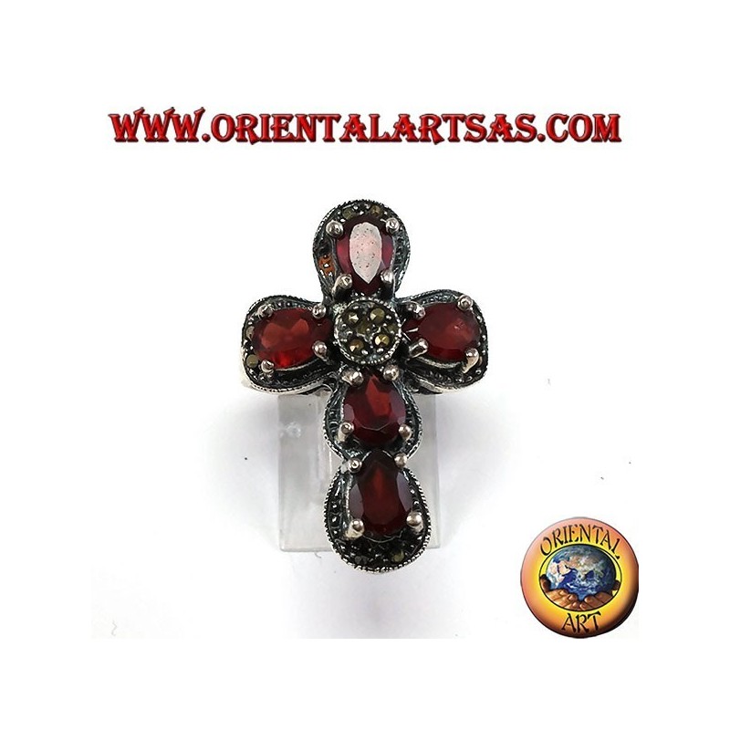 Bague en argent en forme de croix avec 5 grenats et marcassites naturels