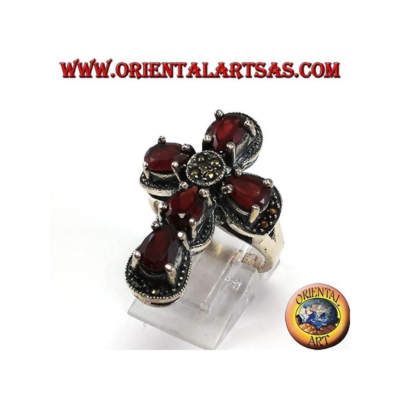 Silver ring in the shape of a cross with 5 natural garnets and marcasites