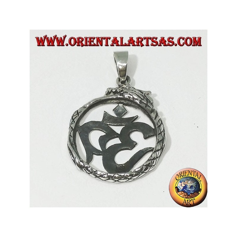 Colgante de plata (ॐ) Óm y Aum, un símbolo sagrado del hinduismo protegido por el Dragón