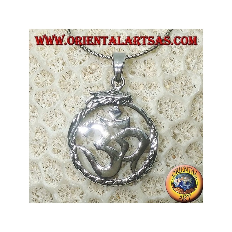 Silberanhänger (ॐ) Óm und Aum, ein heiliges Symbol des Hinduismus, das vom Drachen geschützt wird