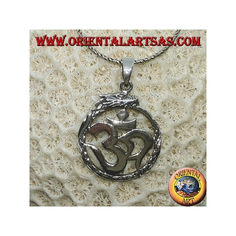 Ciondolo in argento (ॐ) Óm e Aum simbolo sacro dell'Induismo protetto dal Drago