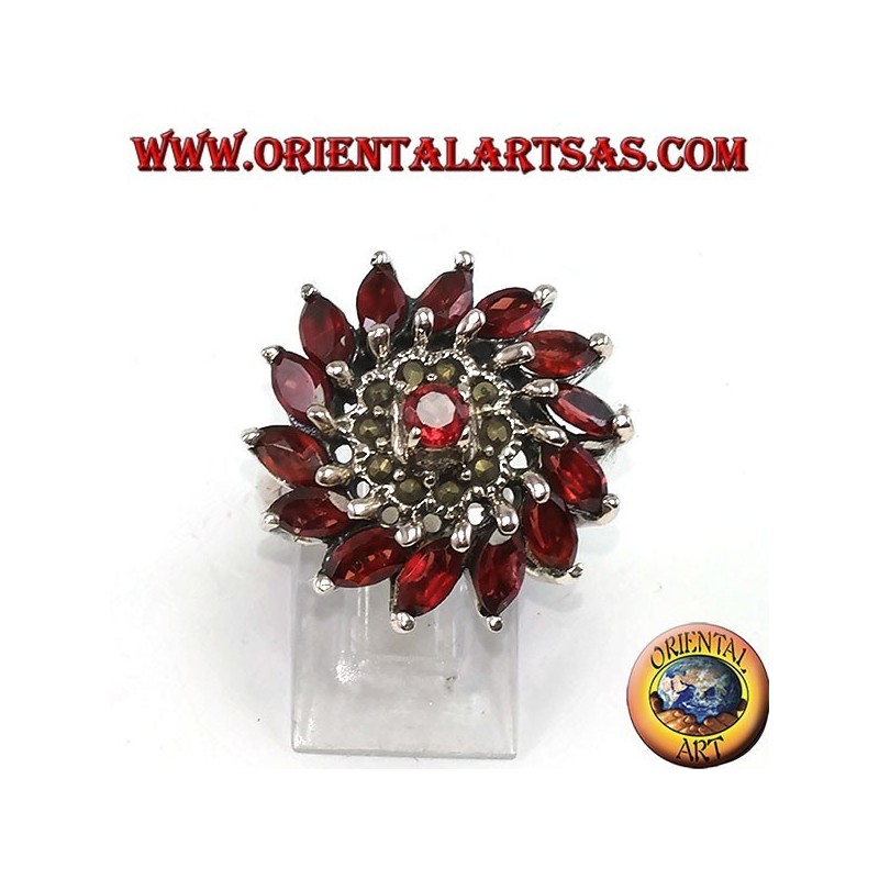 Bague ronde en argent avec 14 perles de grenat naturel