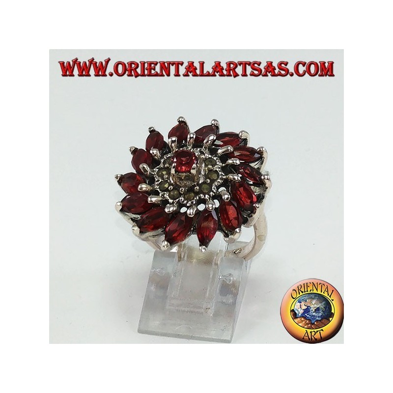 Bague ronde en argent avec 14 perles de grenat naturel