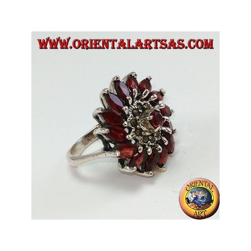 Bague ronde en argent avec 14 perles de grenat naturel