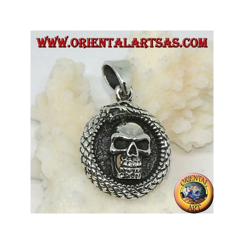 Ciondolo in argento, drago Uroboro  Ouroboros con teschio