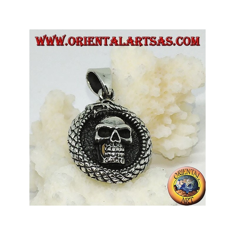 Ciondolo in argento, drago Uroboro  Ouroboros con teschio
