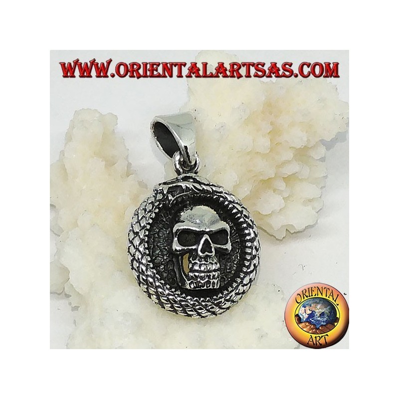 Silberanhänger, Ouroboros Uroboro Drache mit Totenkopf