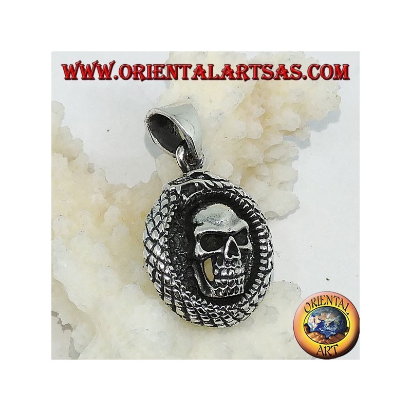 Ciondolo in argento, drago Uroboro  Ouroboros con teschio