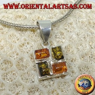 Colgante cuadrado de plata con 2 ámbar amarillo y 2 ámbar verde rectangular.