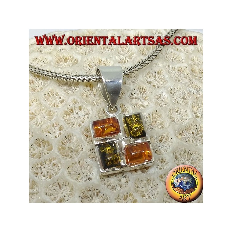 Pendentif carré en argent avec 2 rectangulaires jaune ambre et 2 vert ambre