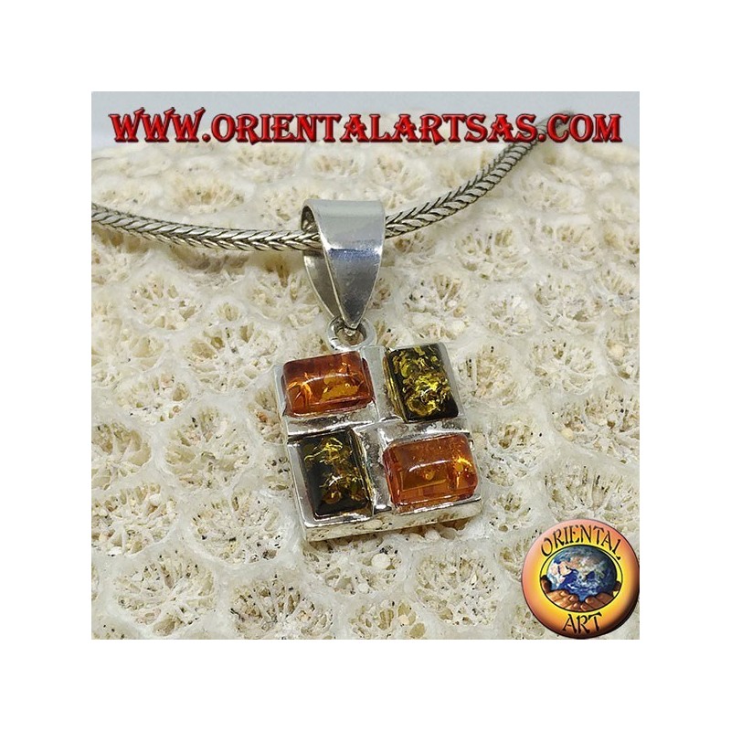 Pendentif carré en argent avec 2 rectangulaires jaune ambre et 2 vert ambre