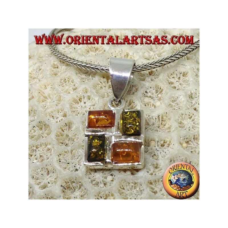 Pendentif carré en argent avec 2 rectangulaires jaune ambre et 2 vert ambre